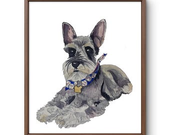 Custom Watercolor Schnauzer Portrait - Personalized Pet Art, Gift for a friend, Christmas present for a coworker