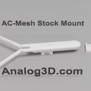 May include: A white AC-Mesh Stock Mount device featuring two adjustable antennas extending from a central body, accompanied by a separate small rectangular mounting bracket. The text AC-Mesh Stock Mount and Analog3D.com are visible.