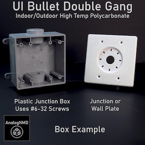 May include: A UI Bullet Double Gang indoor/outdoor high temp polycarbonate plastic junction box and a matching white junction or wall plate. The box is gray and uses #6-32 screws. The text reads UI Bullet Double Gang, Plastic Junction Box, and Box Example.