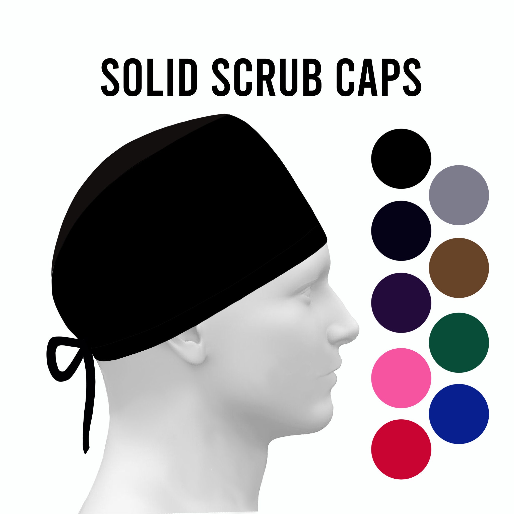 Unisex Solid Scrub Cap +/- Buttons : Black, Red, Navy Blue, Green, Br…