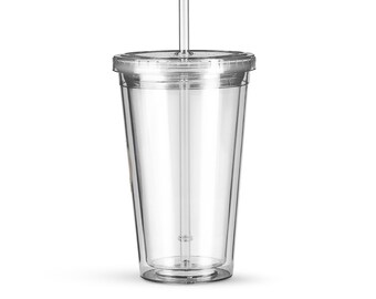 May include: A clear, double-walled tumbler with a clear lid and straw. The tumbler is cylindrical with a slightly flared base. The straw extends from the lid. The design is simple and modern, suitable for cold beverages.
