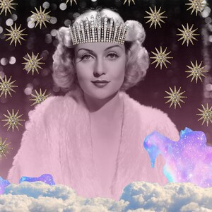 May include: A woman wearing a pink fur coat and a sparkling tiara, with a background of clouds and stars.