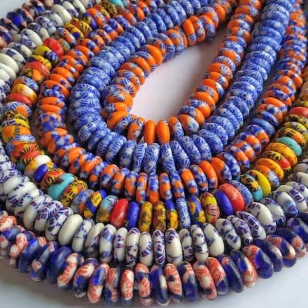 60 African Disc Beads, Handmade, Krobo Ghana Refashioned Glass Spacers, 10-11 mm, 7 Colour Options