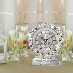 Personalize crystal diamond clock executive etch retiree trophy award appreciation thank you coworker boss congratulation anniversary love