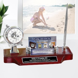 Executive Business Card Holder Name Plate Engraved Desk Clock Custom Nameplate Personalized Etched Graduation Employee Gift Title Display