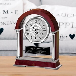Large Arch Wood Rosewood Dual Chrome Metal Column Glass Casing Mantel Clock with Black Engraving Plate Employee Gift Anniversary Present