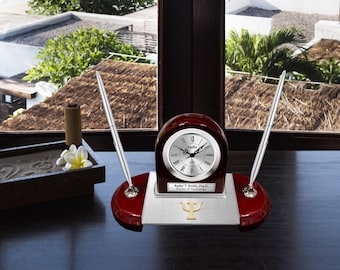 Regalo personalizado de promoción de jubilación con felicitaciones de psicología, reloj de escritorio grabado para psicólogo, juego de bolígrafos, placa de exhibición con nombre, premio de servicio
