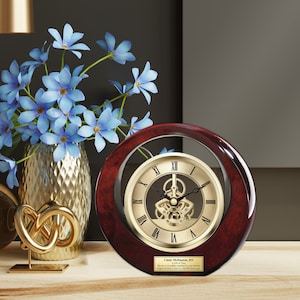 Engraved clock gold wood mechanical moving gear table mantel clock engrave plaque trophy retirement anniversary wedding birthday gift thanks