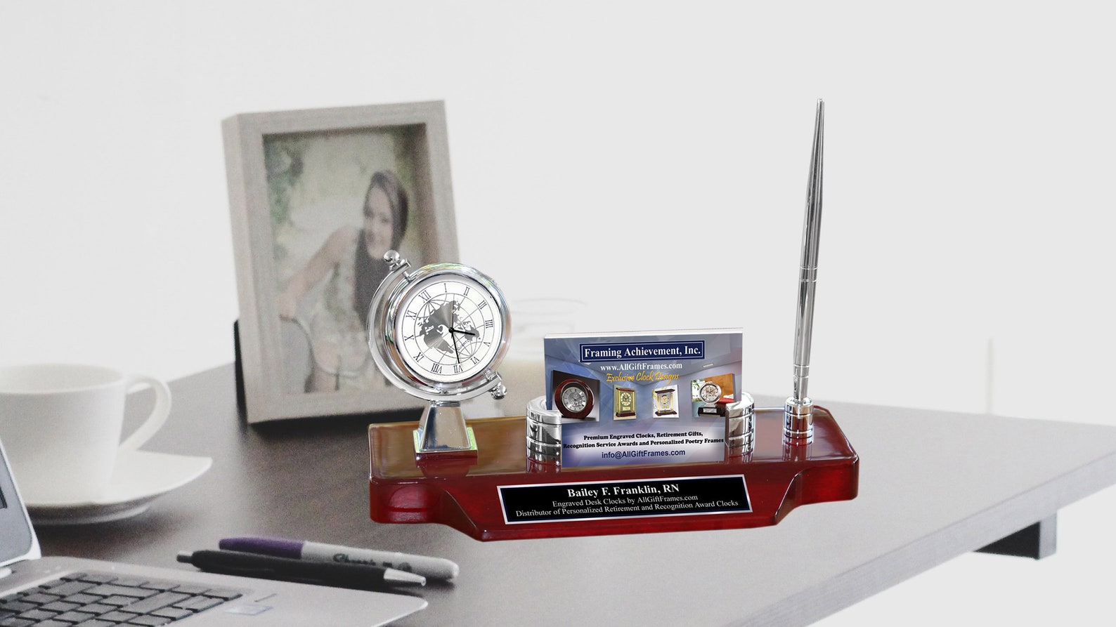Executive Business Card Holder Name Plate Engraved Desk Clock Etsy