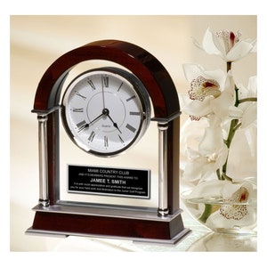 Large Arch Wood Rosewood Dual Chrome Metal Column Glass Casing Mantel Clock with Black Engraving Plate Employee Gift Anniversary Present