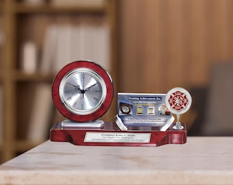 Reloj de escritorio con grabado de bombero, soporte para tarjetas de visita, premio de graduación de la escuela de la academia de bomberos, placa de reconocimiento con nombre, exhibidor de bombero EMT