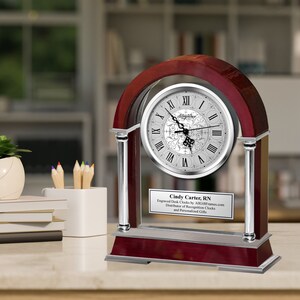 Personalized clock award engrave plaque arch glass wood double silver column wedding anniversary mantel clocks birthday gift thank you award
