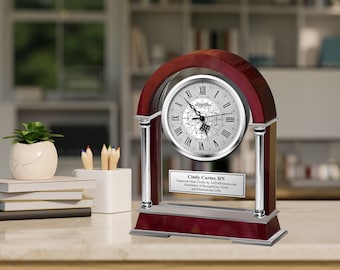 Personalized clock award engrave plaque arch glass wood double silver column wedding anniversary mantel clocks birthday gift thank you award