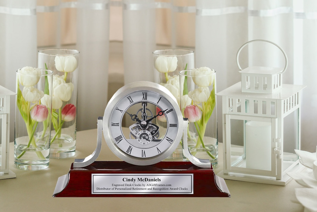 Personalized Engraved Clock Name Plate Silver Davinci Dial Mantle Desk