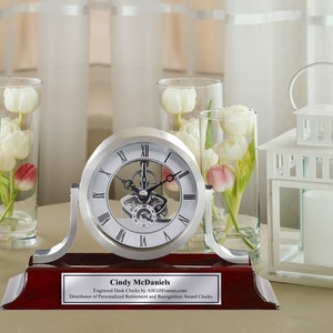 Personalized Engraved Clock Name Plate Silver DaVinci Dial Mantle Desk Wood Graduation Present Employee Service Award Retirement Gift