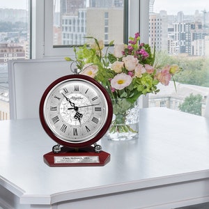Silver chrome wood engraved clock personalize table custom thank you anniversary love retirement boss coworkers service award engraving etch