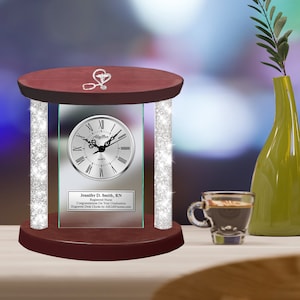 Silver engrave desk clock diamond luxury gift shelf accent clock medical logo BSN RN birthday retirement thank you etch DNP congratulation