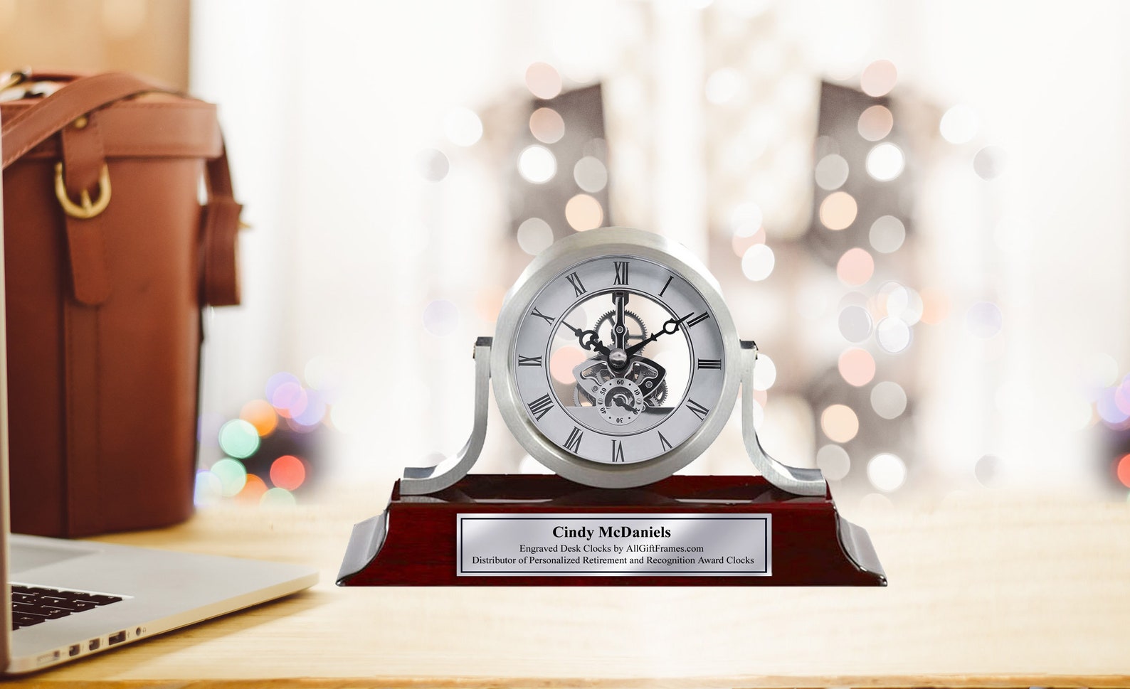 Personalized Engraved Clock Name Plate Silver Davinci Dial Mantle Desk