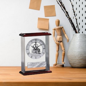 Employee Years of Service Award Retirement Gift Engraved Desk Clock Silver Large Silver See Through Gear Encased Glass Wood Top and Base