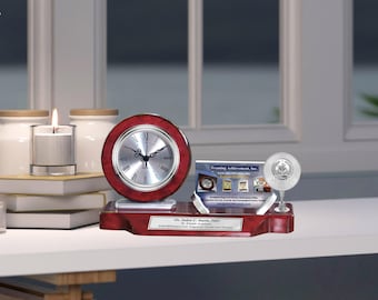 Reloj de escritorio con grabado de agradecimiento para profesores, portatarjetas de presentación, premio por servicio del año del educador, placa con nombre de agradecimiento escolar, premio de jubilación