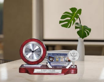 Reloj de escritorio con grabado para regalo de psicólogo, soporte para tarjetas de visita, graduación de la escuela de psicología, placa de reconocimiento para premios de psiquiatra