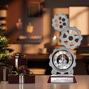 Personalized clock engraved triple gear shape table clock trophy engineer birthday anniversary employee service award appreciation graduate