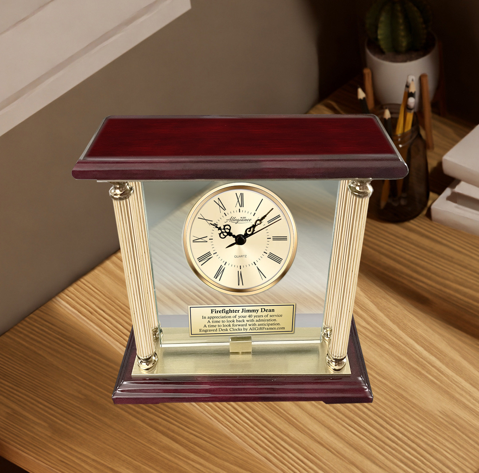 Personalized Executive Gift Desk Clock Engrave Rotating Gold Mantel