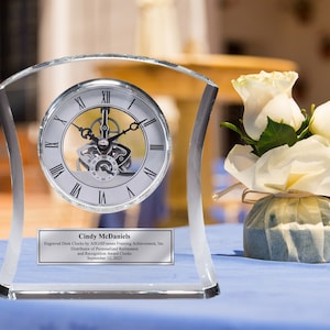 Tower Da Vinci Crystal Clock Silver Engraving Plate Personalized Desk Wedding Gift Retirement Employee Service Awards Executive Gifts