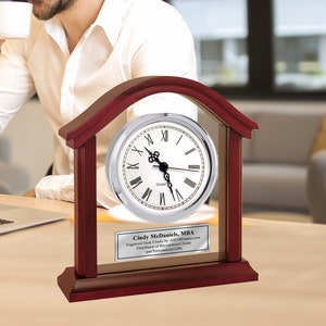 Wooden Arch Silver Clock Glass Anniversary Housewarming New Home Wedding Retirement Desk Employee House Service Award Real Estate Gift