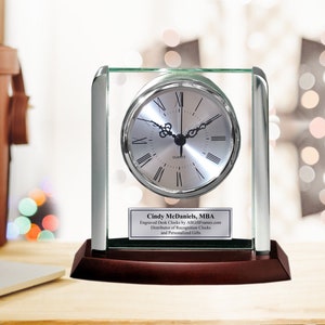 Engraved Clock Silver Post Suspended on Glass Silver Engraving Etched Personalized Retirement Gift Employee Years of Service Award Month