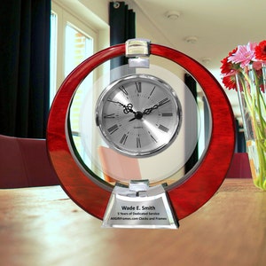 Unique Clock 360 Degree Spinning Clock Wood Metal Silver Base Glass Modern Executive Years of Service Present Gift Employee Retirement