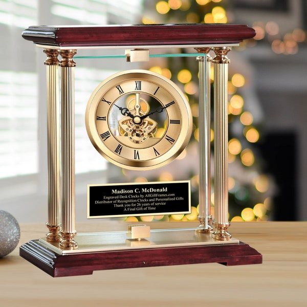 Glass Rotating 360 Degree Gold Gear Clock Display Case Black Engraved Plate Wood Unique Graduate Engineer Retirement Anniversary Gift