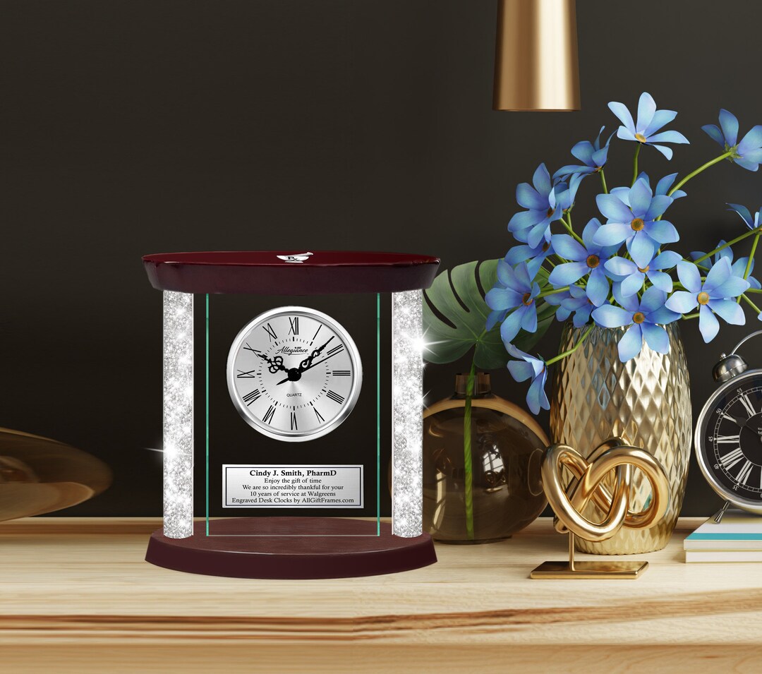 Pharmacist Diamond Crystal Pillars Silver Glass Engraved Desk Clock ...