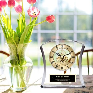 Engraved Optical Crystal Clock Black Engraving Smooth Contour Edges Graduation Retirement Gift Boss Colleague Housewarming Employee Award