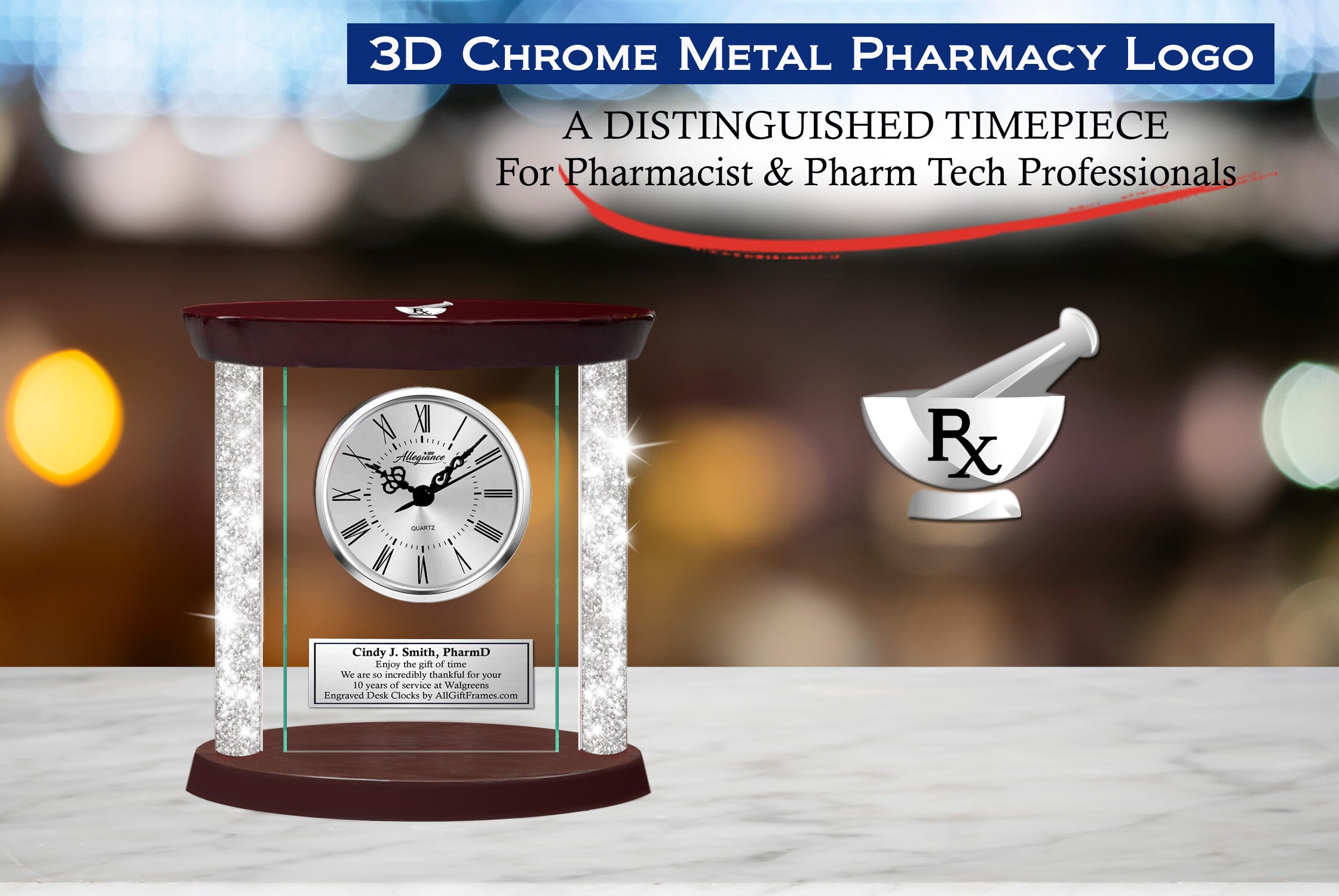 Pharmacist Diamond Crystal Pillars Silver Glass Engraved Desk Clock ...