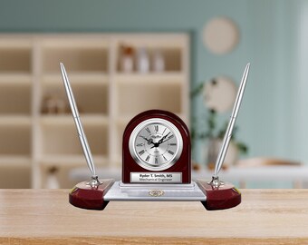 Placa de identificación de oficina personalizada, regalo de ingeniero, placa de identificación grabada, reloj de escritorio, placa de plata, soporte para bolígrafo, felicitación, graduado de ingeniería