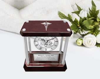 Medical caduceus personalize silver wood clock engrave plaque mechanical gear congratulation medical school graduate thank you doctor gift