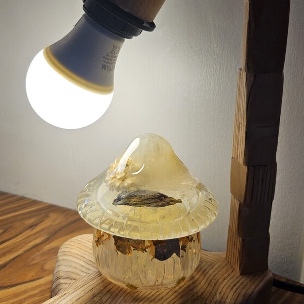 Lampe en bois et résine. Champignon lampe de chevet