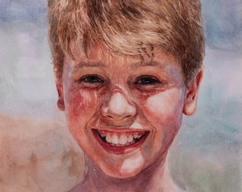 May include: A watercolor painting of a young boy with short, light brown hair. He is smiling broadly, showing his teeth. The painting is done in a realistic style and captures the boy's youthful energy.