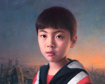 May include: A young boy with short black hair wearing a black, red, and white jacket with a large circular design on the front. The boy is looking directly at the viewer with a serious expression. The background is a blurry cityscape with a sunset sky.