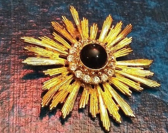 Broche vintage, broche LIA dourado e strass com cabochão preto, presente para ela, joia requintada, presente único