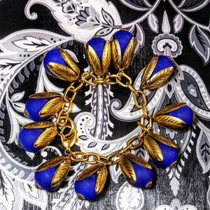 Mother&#39;s Day Gift, Lenora Dame Blue Beads on Gold tone Charm Bracelet, Gift for Her, Mothers Day Gift, Valentine Day Gift, Unique Gift