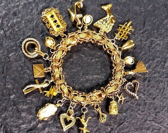 Vintage Gold Charm Bracelet, Woven Gold Bracelet, Exquisite Vintage Charms, 14k Gold, Diamonds and Pearls, 46 Grams, Heirloom Jewelry