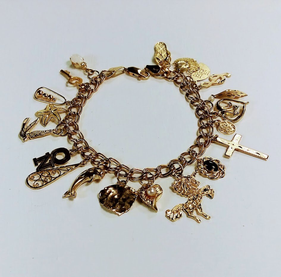 Solid Gold Charm Bracelet, Vintage Charm Bracelet, 20 Unique 14k