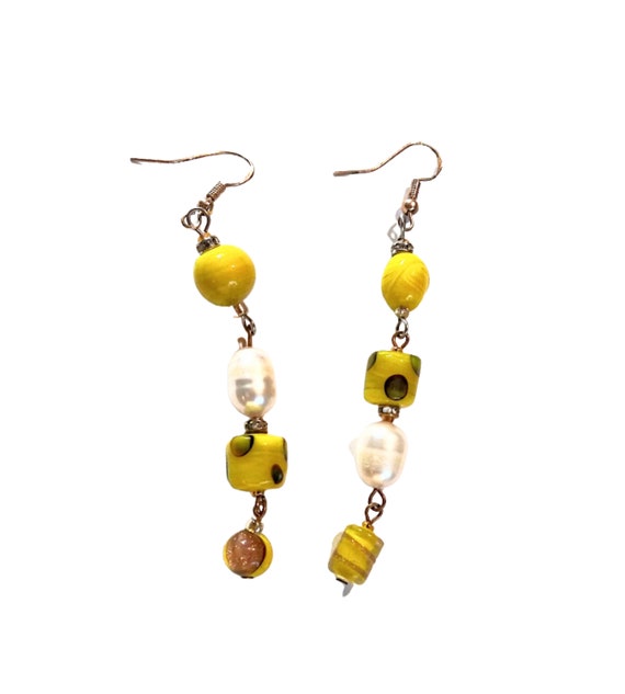 Vintage Beaded Dangle Earrings, Pearl and Ceramic… - image 1