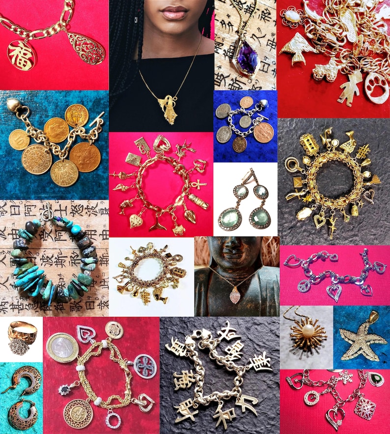 Pode incluir: Uma colagem de v&aacute;rios braceletes, colares e brincos com pingentes de ouro e prata. Os pingentes incluem moedas, cora&ccedil;&otilde;es, estrelas e outros elementos decorativos. Alguns dos pingentes apresentam caracteres chineses.