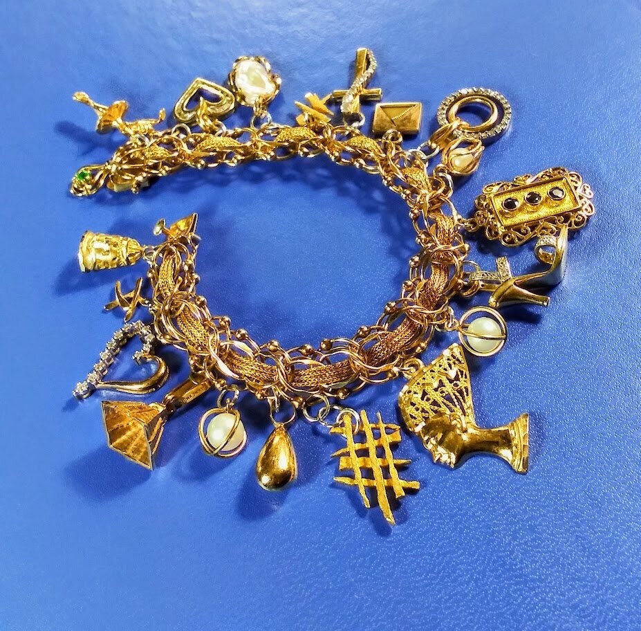 Vintage Gold Charm Bracelet, Woven Gold Bracelet, Exquisite Vintage Charms,  14k Gold, Diamonds and Pearls, 46 Grams, Heirloom Jewelry 