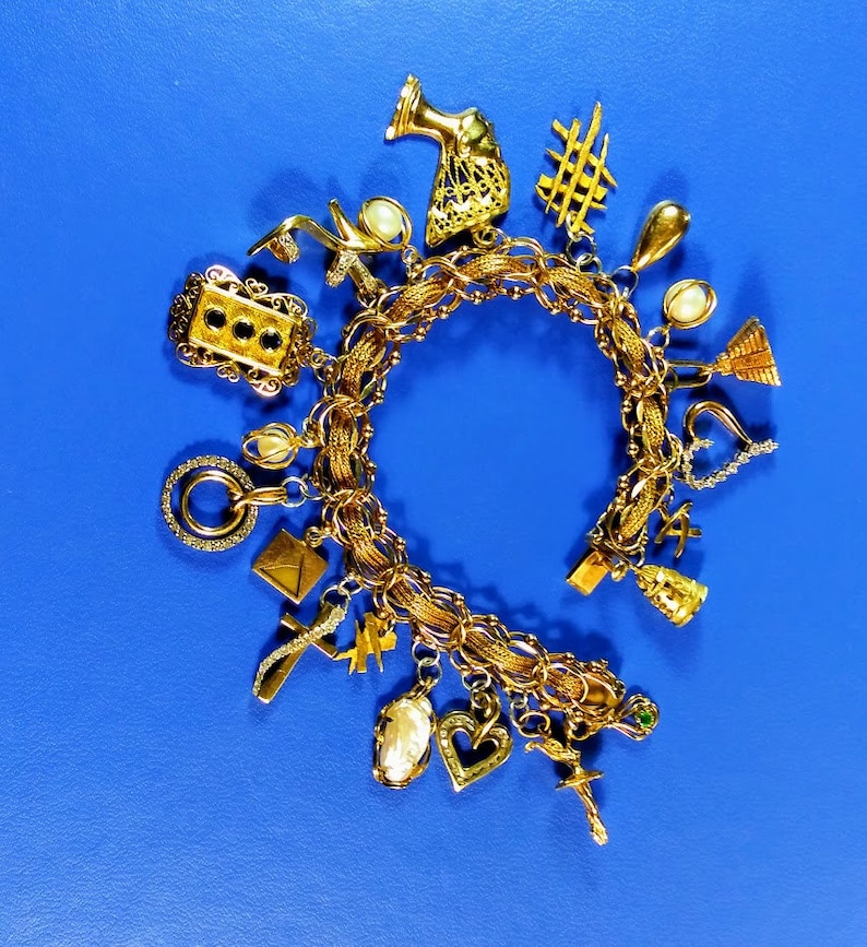 Vintage Gold Charm Bracelet, Woven Gold Bracelet, Exquisite Vintage