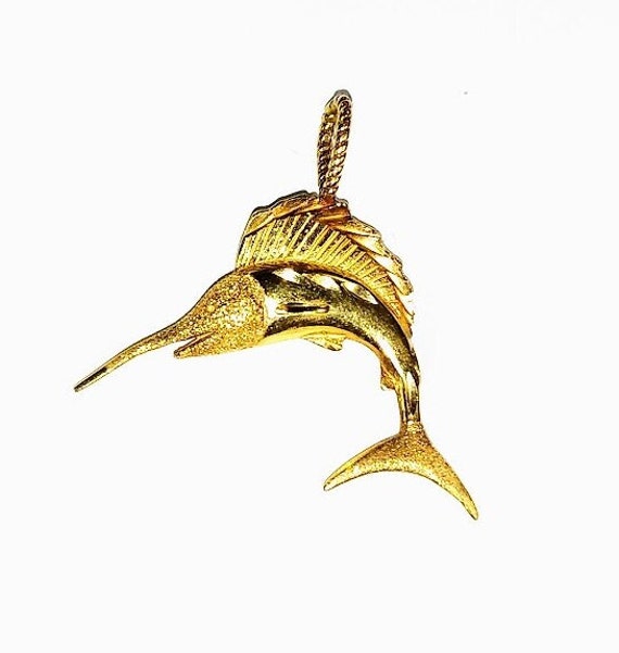 14k Gold Sword Fish Pendant, Vintage Fish Charm, … - image 2