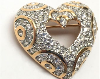 Vintage Brooch, Swarovski Gold Toned  Pin, Crystal Swirl Heart Brooch, Vintage Jewelry, Gift for Her, Valentine Day Gift, Unique Gift